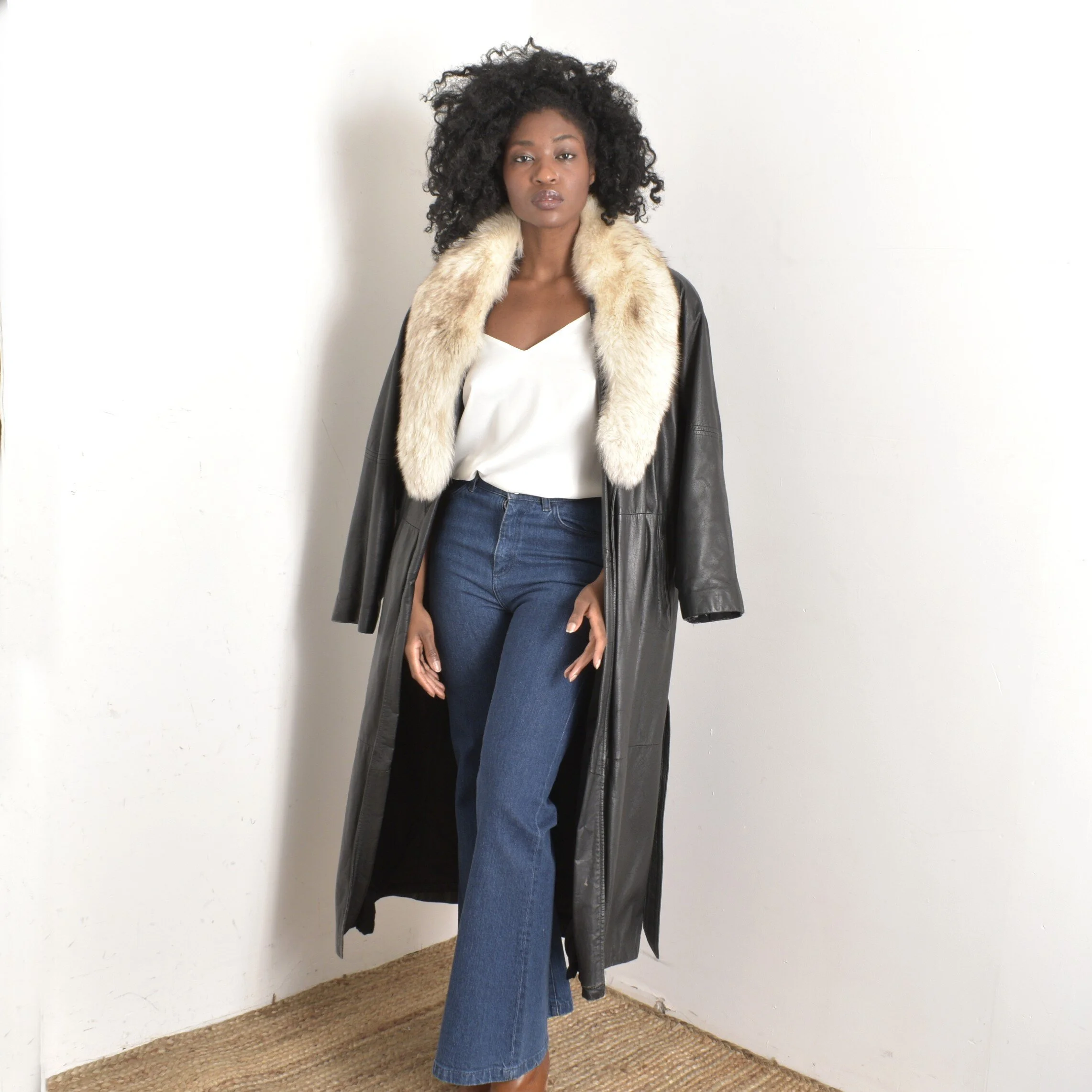 1980s Black Leather Coat with Fur Collar-large — La Poubelle Vintage